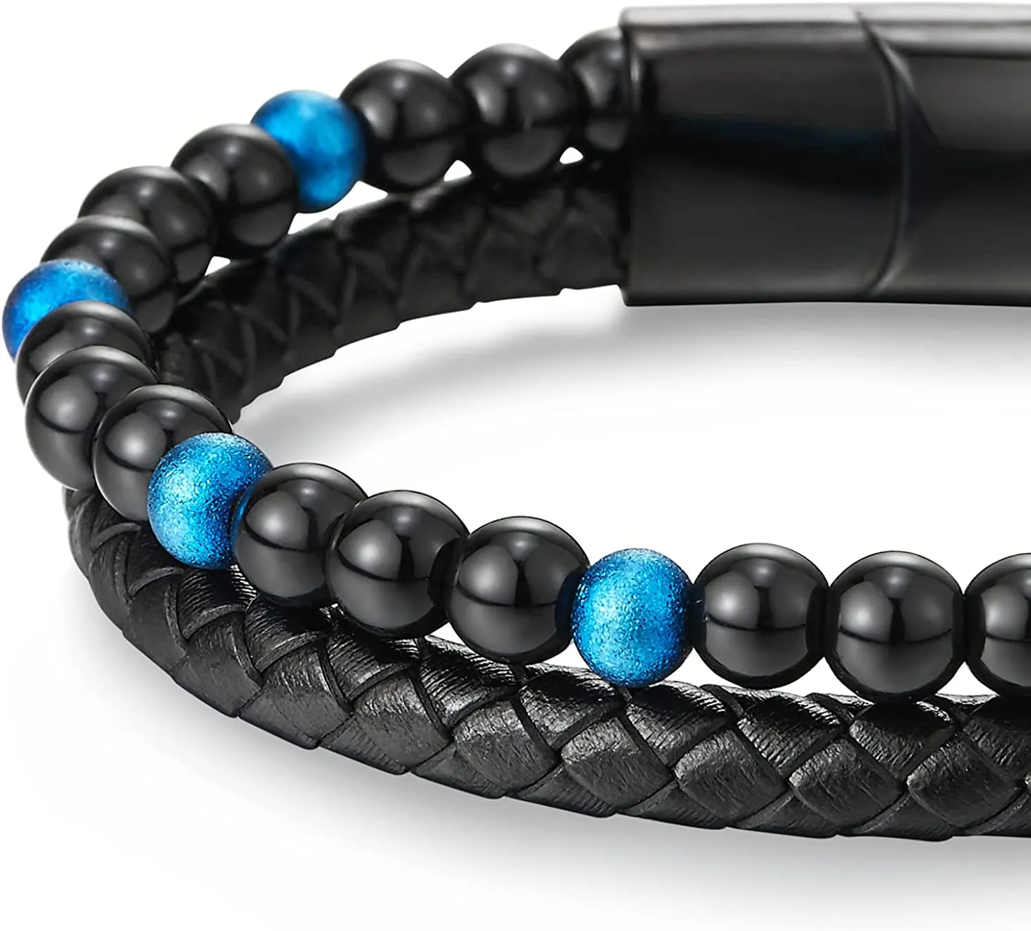 Two-row Black Blue Gem Stone Beads Chain Black Braided Leather Bracelet, Steel Magnetic Clasp