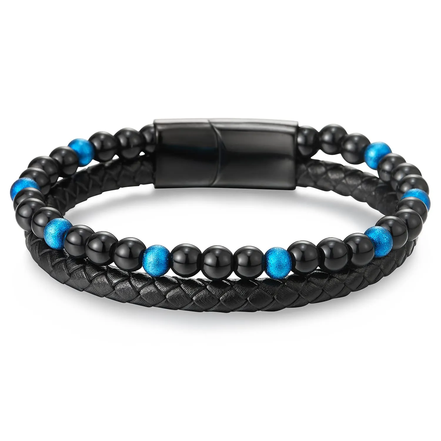 Two-row Black Blue Gem Stone Beads Chain Black Braided Leather Bracelet, Steel Magnetic Clasp