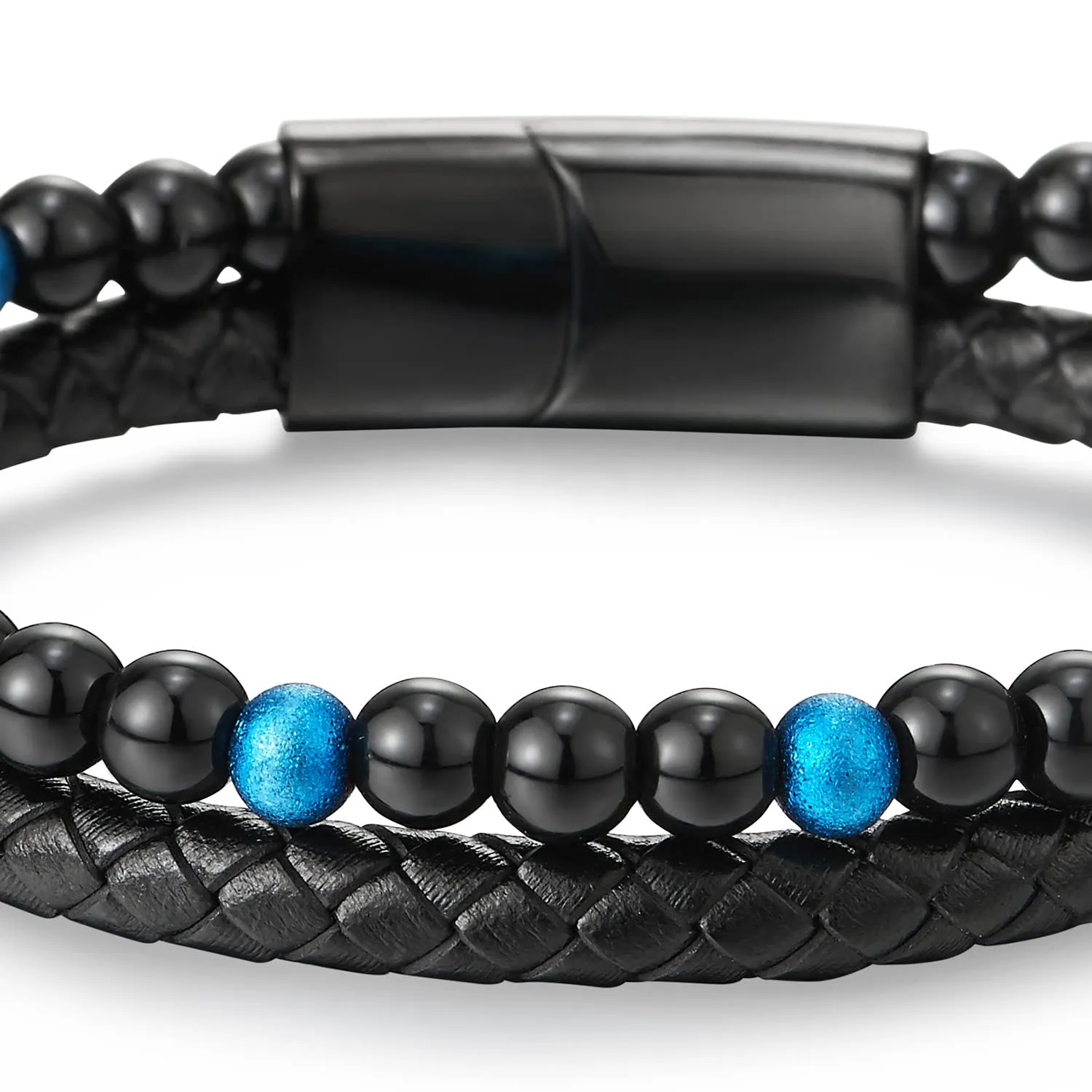 Two-row Black Blue Gem Stone Beads Chain Black Braided Leather Bracelet, Steel Magnetic Clasp