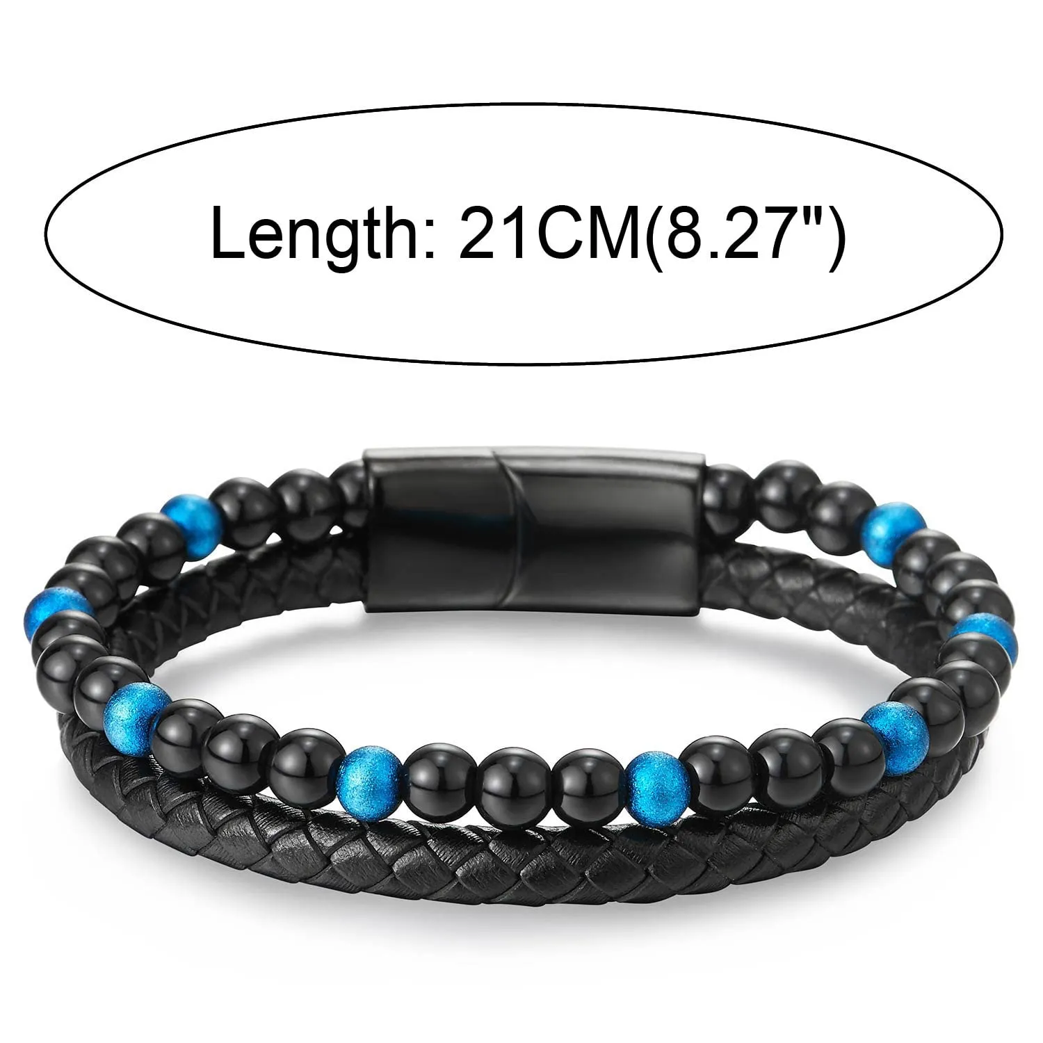 Two-row Black Blue Gem Stone Beads Chain Black Braided Leather Bracelet, Steel Magnetic Clasp