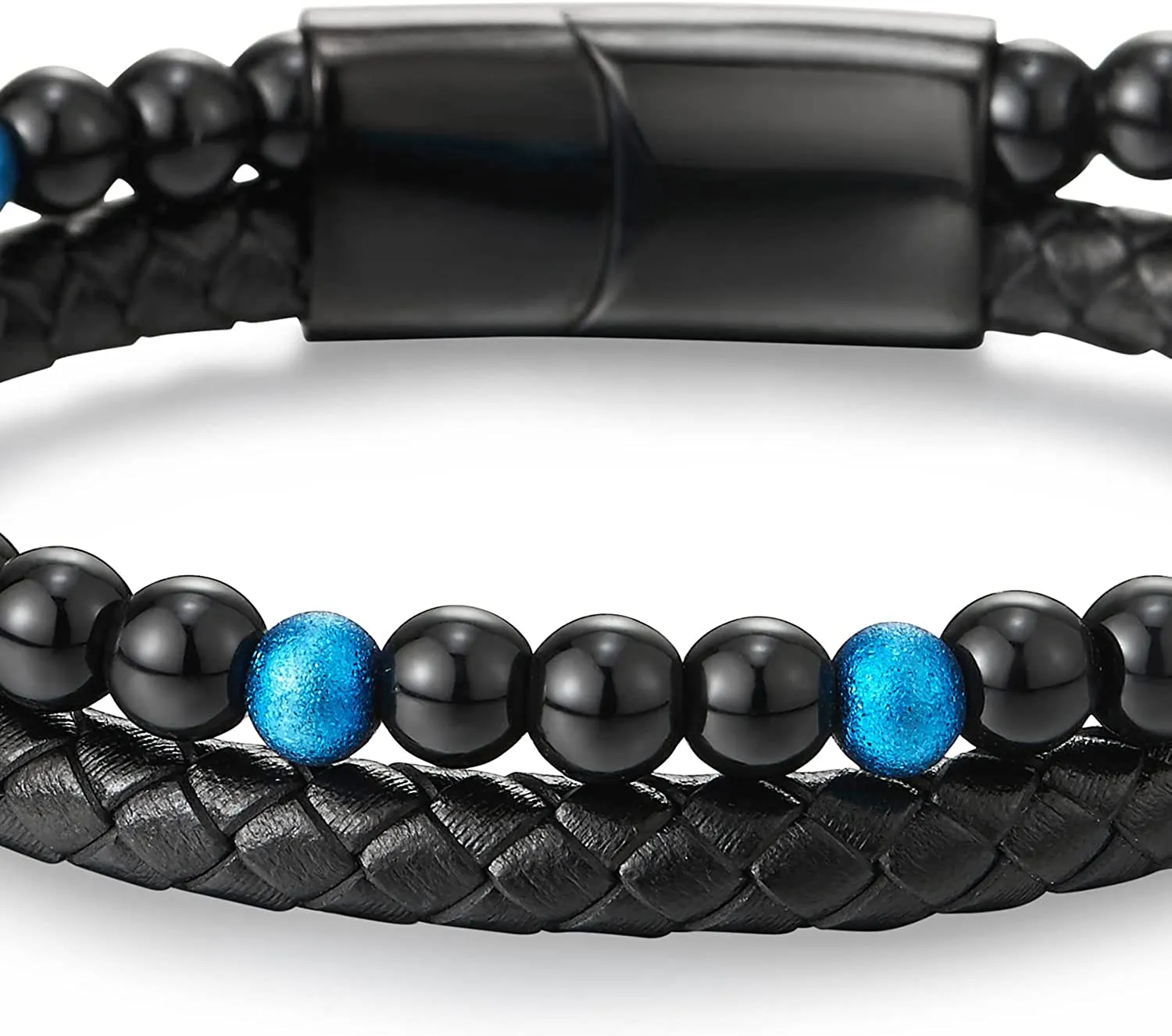 Two-row Black Blue Gem Stone Beads Chain Black Braided Leather Bracelet, Steel Magnetic Clasp