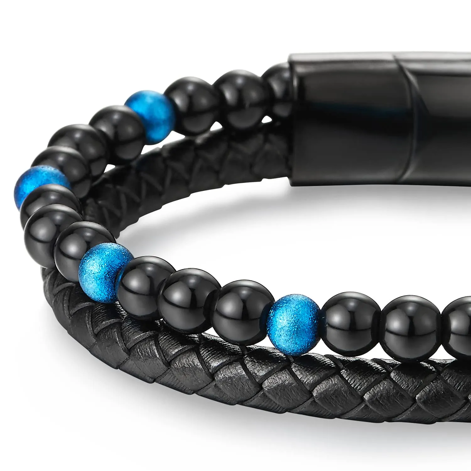 Two-row Black Blue Gem Stone Beads Chain Black Braided Leather Bracelet, Steel Magnetic Clasp