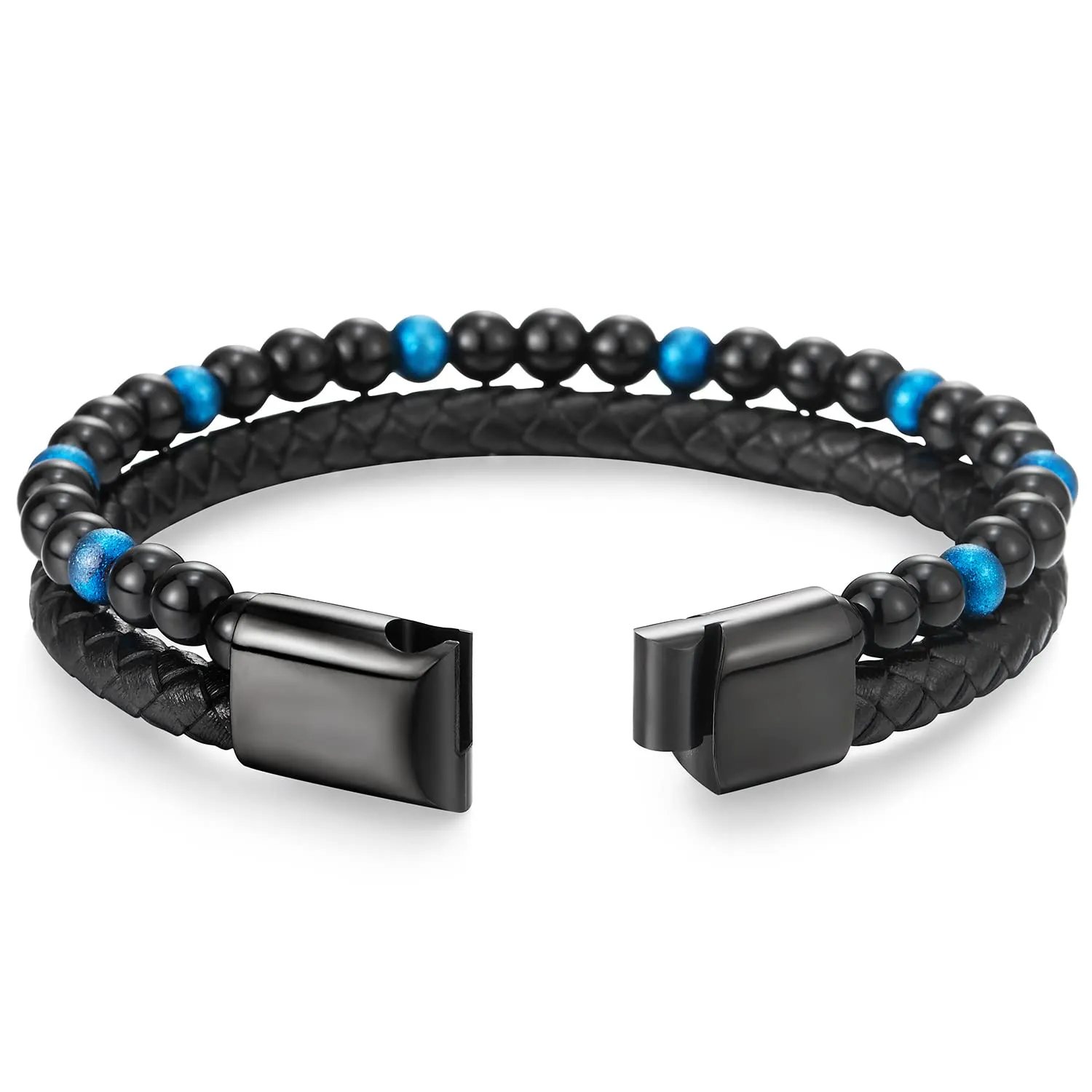 Two-row Black Blue Gem Stone Beads Chain Black Braided Leather Bracelet, Steel Magnetic Clasp