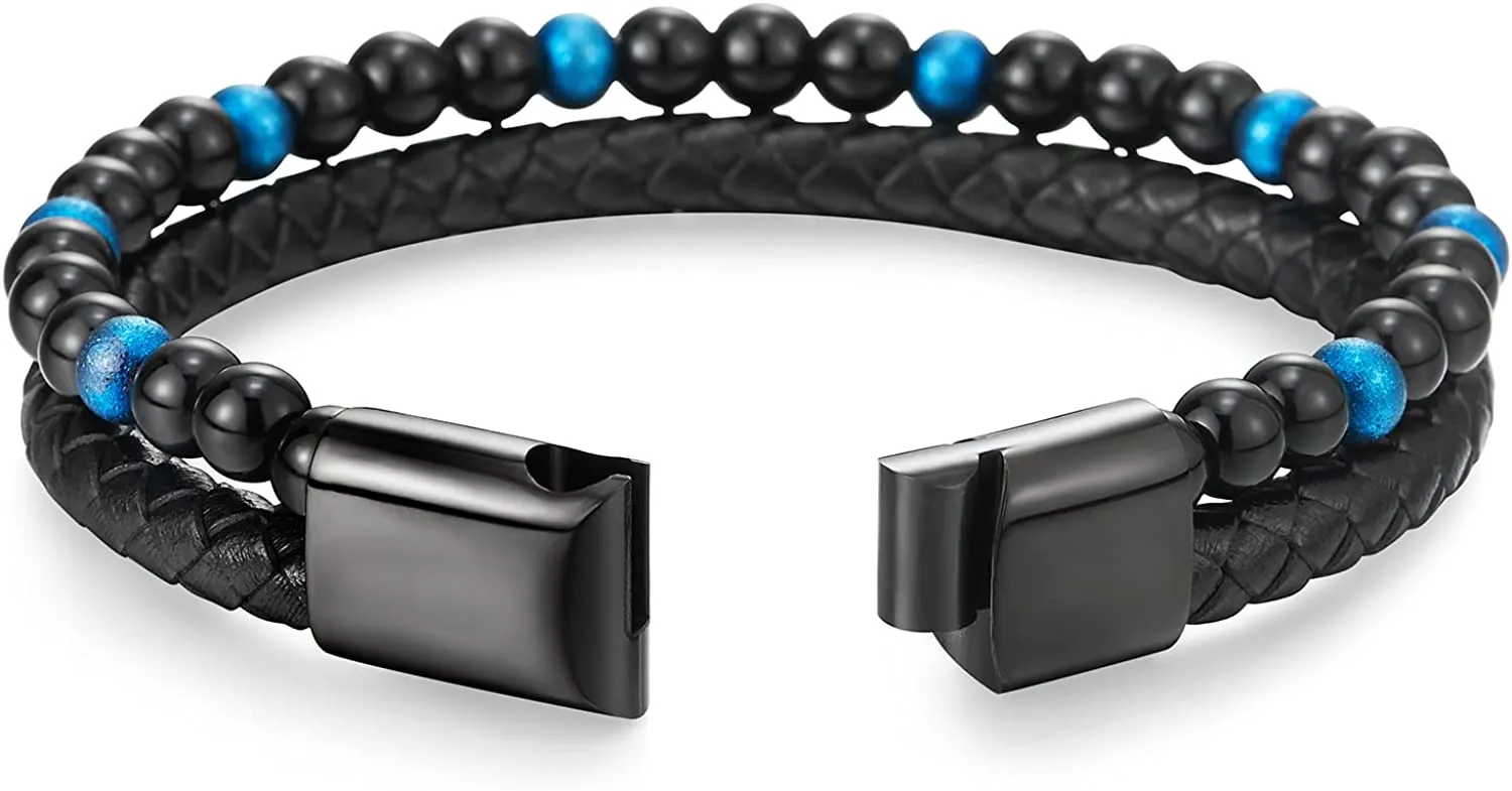 Two-row Black Blue Gem Stone Beads Chain Black Braided Leather Bracelet, Steel Magnetic Clasp