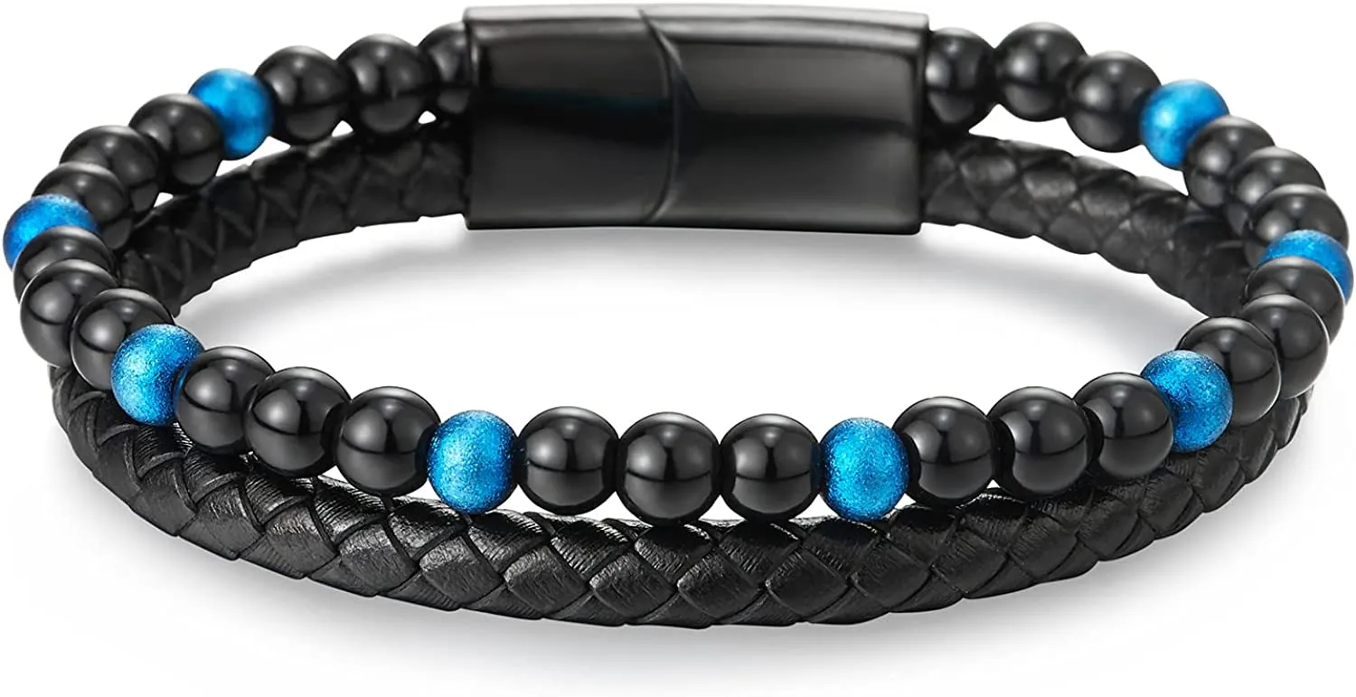 Two-row Black Blue Gem Stone Beads Chain Black Braided Leather Bracelet, Steel Magnetic Clasp