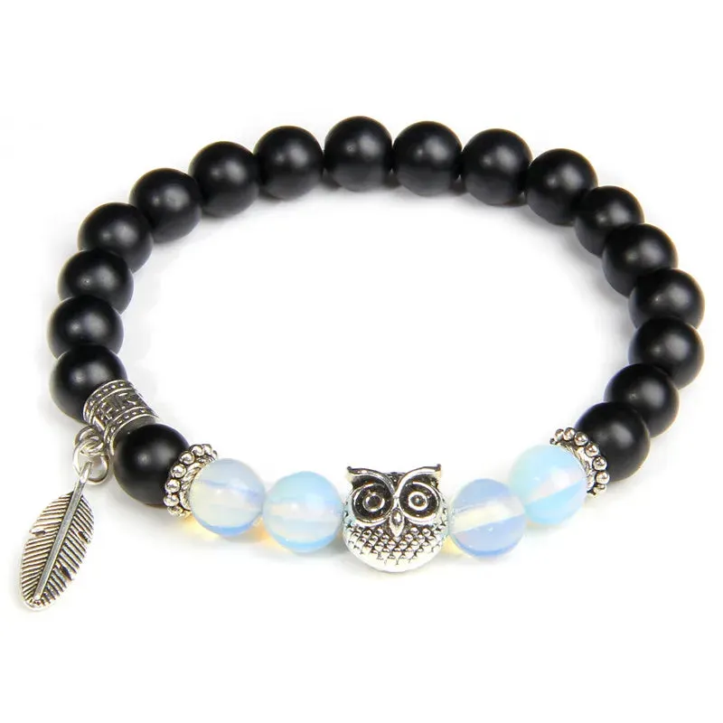 Unique Design Owl Wing Angel Charm Bracelet Natural Onyx Beaded Bracelet Women Imperial Quartz Beads Bracelet Energy Jewelry