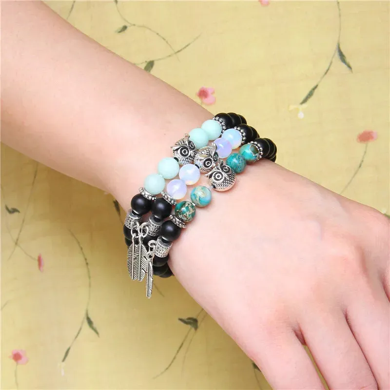 Unique Design Owl Wing Angel Charm Bracelet Natural Onyx Beaded Bracelet Women Imperial Quartz Beads Bracelet Energy Jewelry