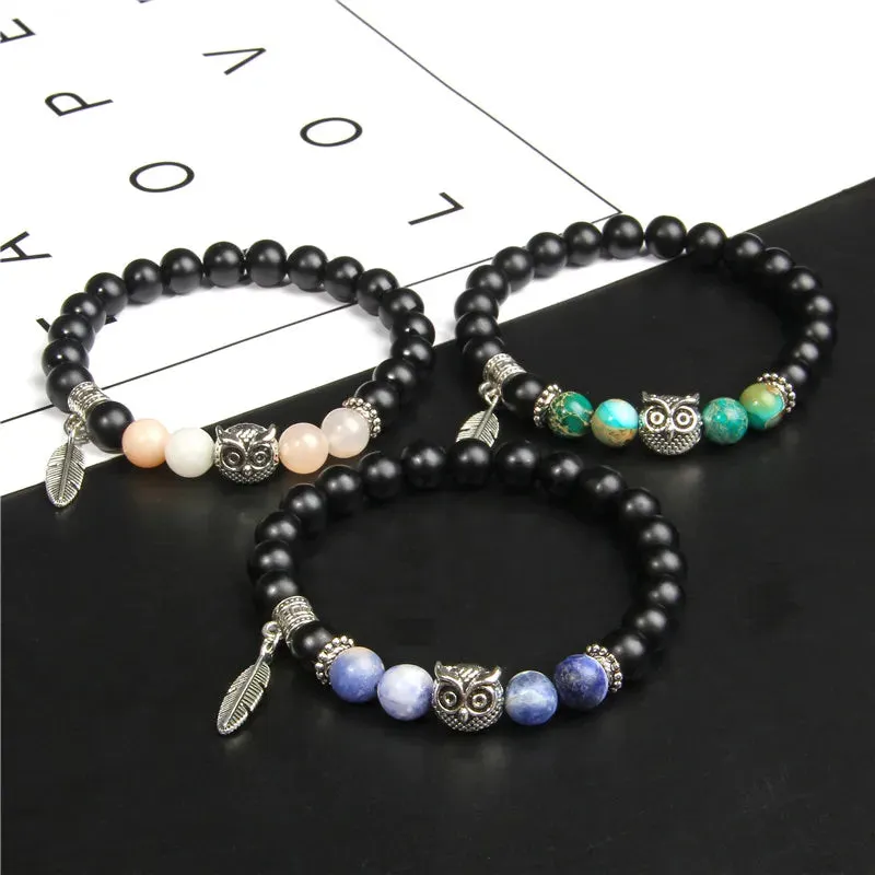 Unique Design Owl Wing Angel Charm Bracelet Natural Onyx Beaded Bracelet Women Imperial Quartz Beads Bracelet Energy Jewelry