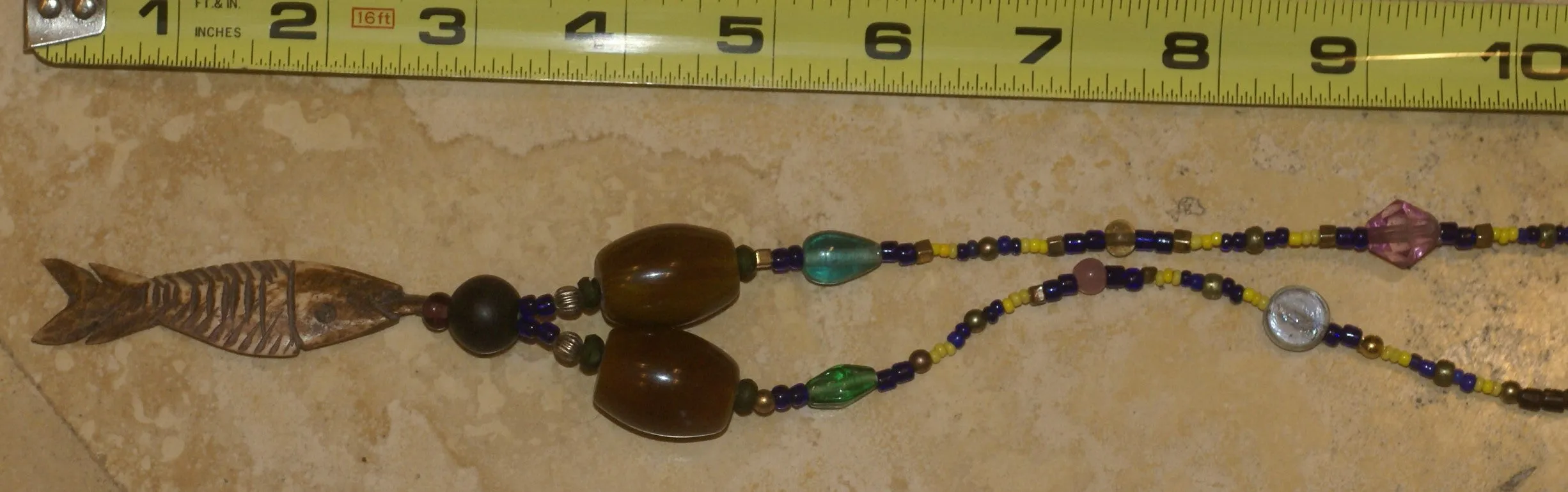 Unique Earthtones Hand crafted Ethnic Glass Trade Beads Necklace with Buffalo Bone Hand Carved Pendant of Fish, Zodiac Pisces, Borneo Kalimantan, Indonesia NECK44   1 Flapper Coconut necklace.