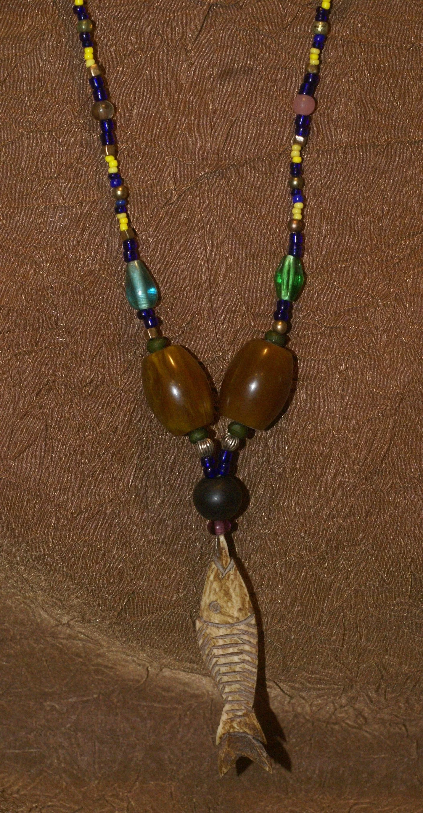 Unique Earthtones Hand crafted Ethnic Glass Trade Beads Necklace with Buffalo Bone Hand Carved Pendant of Fish, Zodiac Pisces, Borneo Kalimantan, Indonesia NECK44   1 Flapper Coconut necklace.