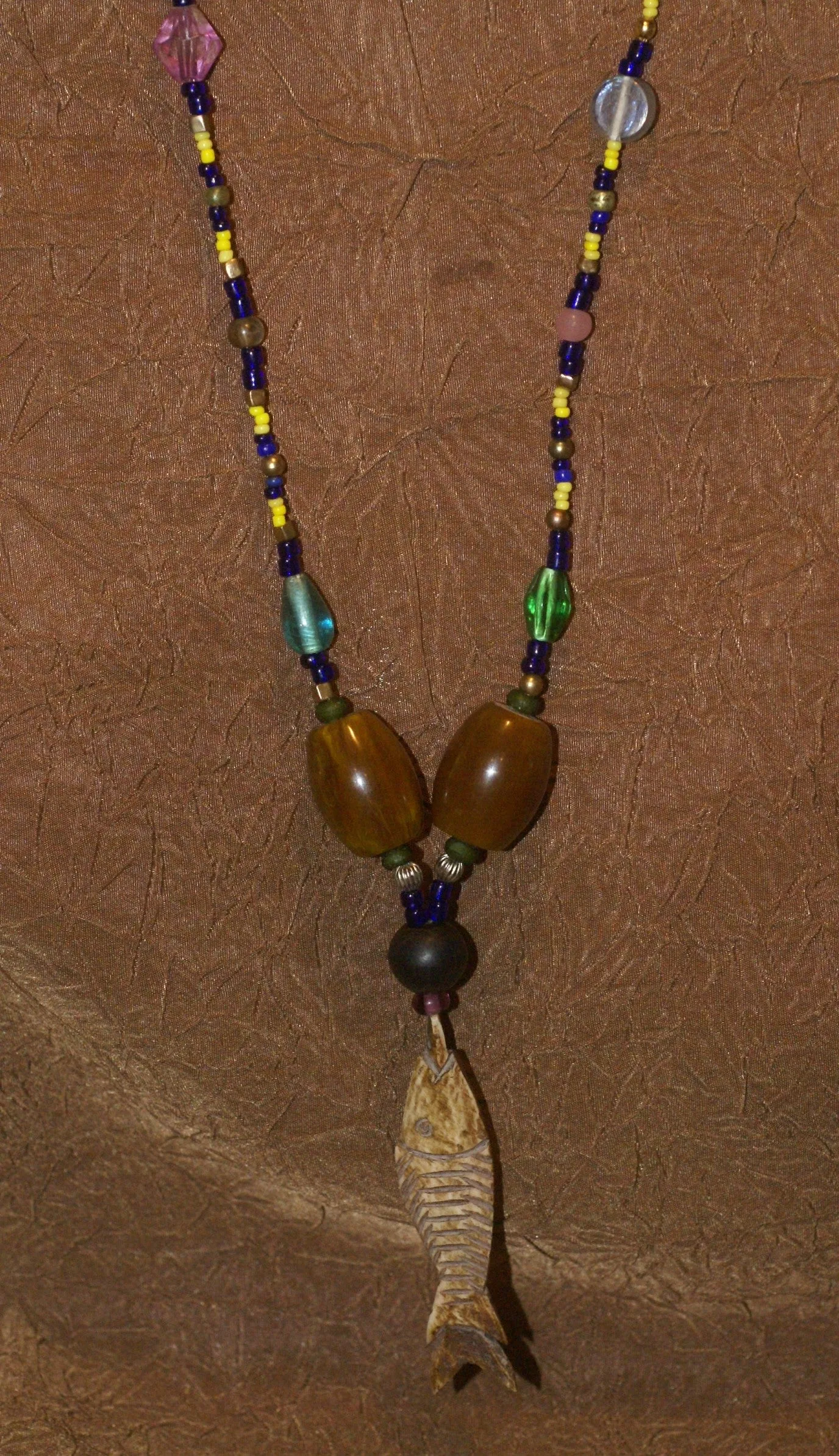 Unique Earthtones Hand crafted Ethnic Glass Trade Beads Necklace with Buffalo Bone Hand Carved Pendant of Fish, Zodiac Pisces, Borneo Kalimantan, Indonesia NECK44   1 Flapper Coconut necklace.