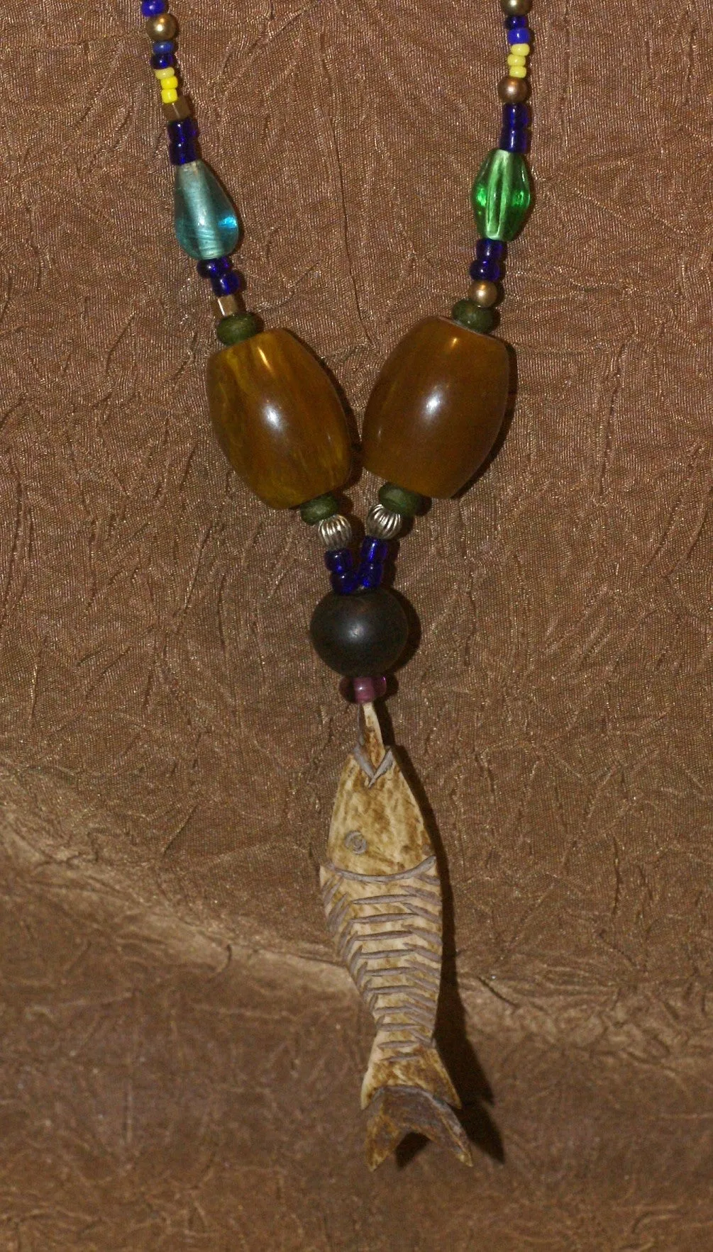 Unique Earthtones Hand crafted Ethnic Glass Trade Beads Necklace with Buffalo Bone Hand Carved Pendant of Fish, Zodiac Pisces, Borneo Kalimantan, Indonesia NECK44   1 Flapper Coconut necklace.