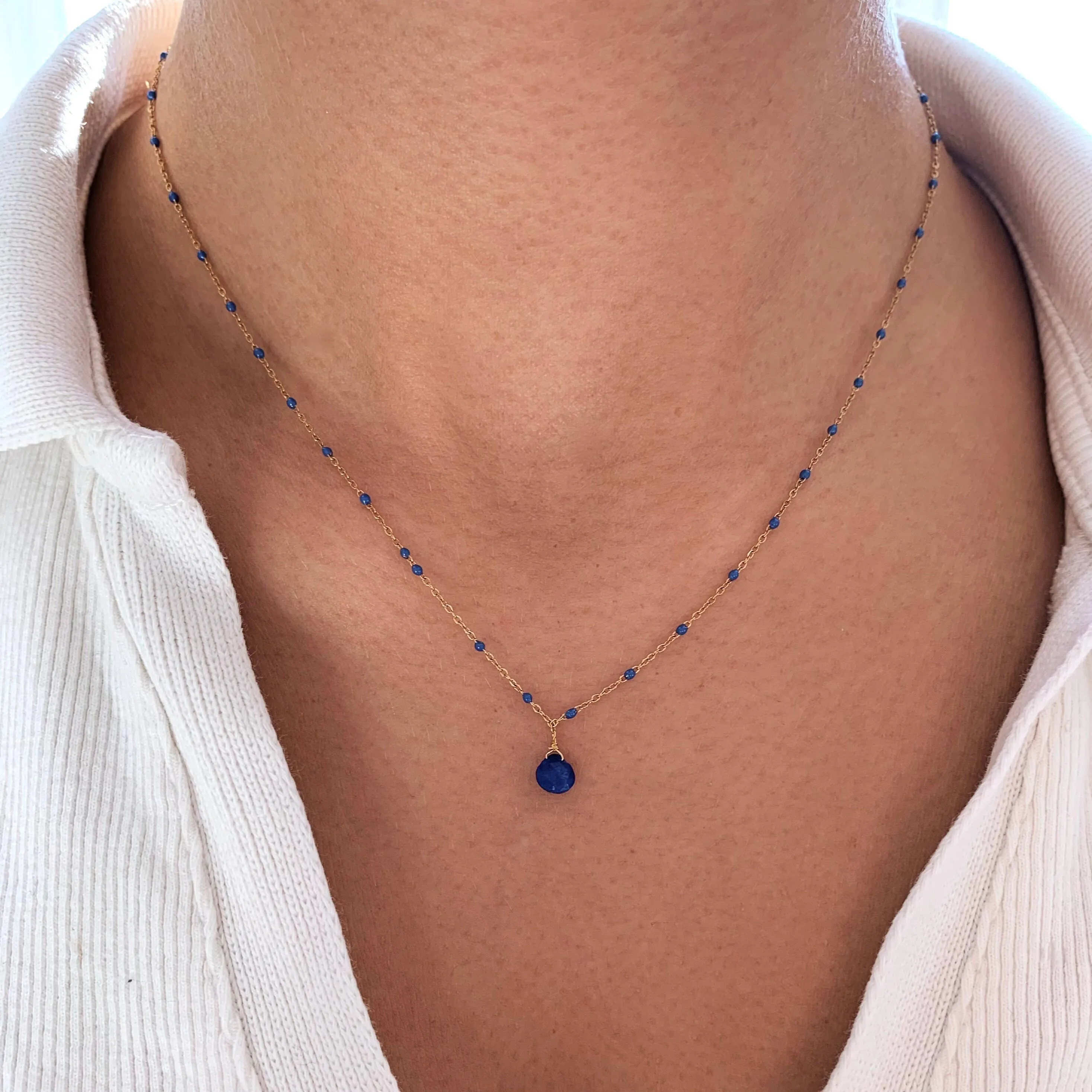 Victoire Collection - Lapis Lazuli Stone Pendant Stainless Steel Necklace: Dark Blue