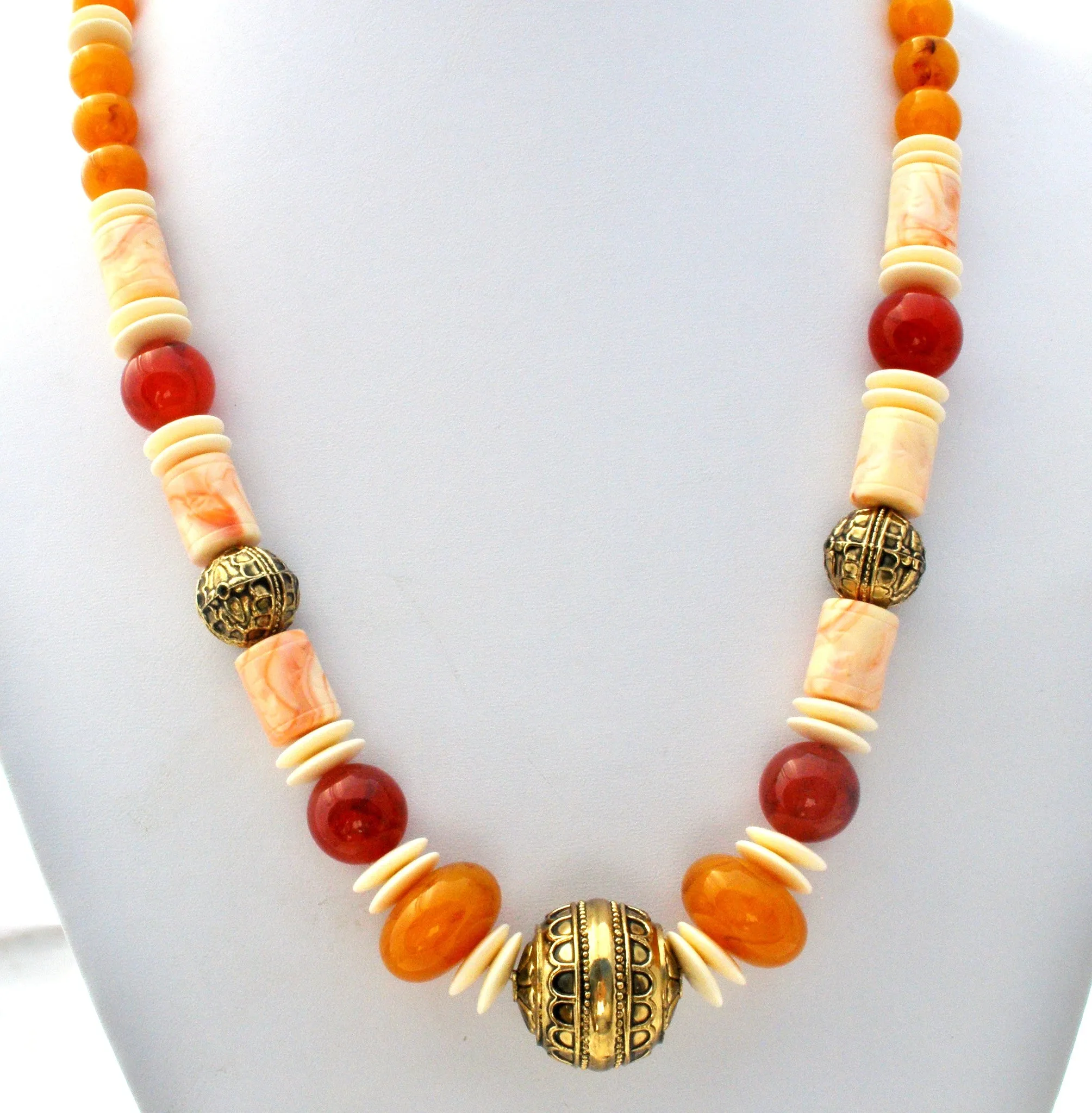 Vintage Bead Necklace Faux Amber & Bone