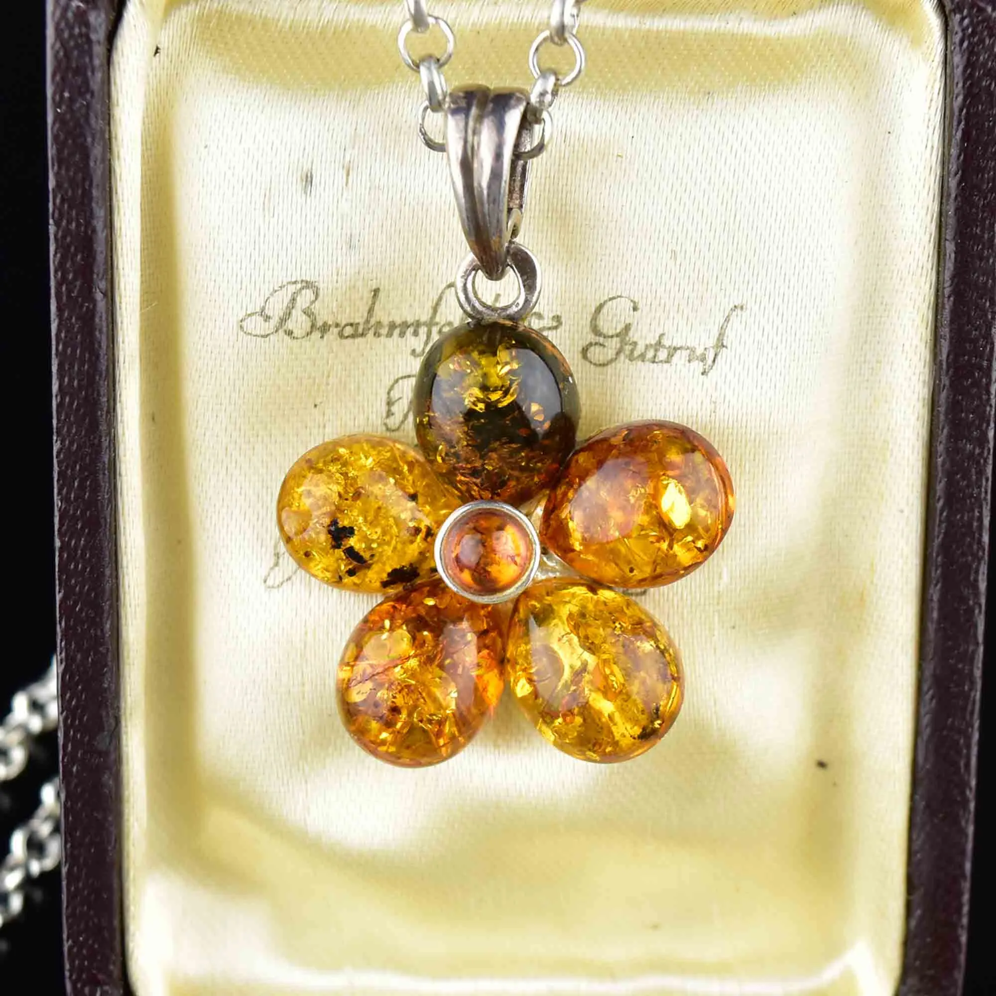 Vintage Silver Floral Amber Pendant Necklace