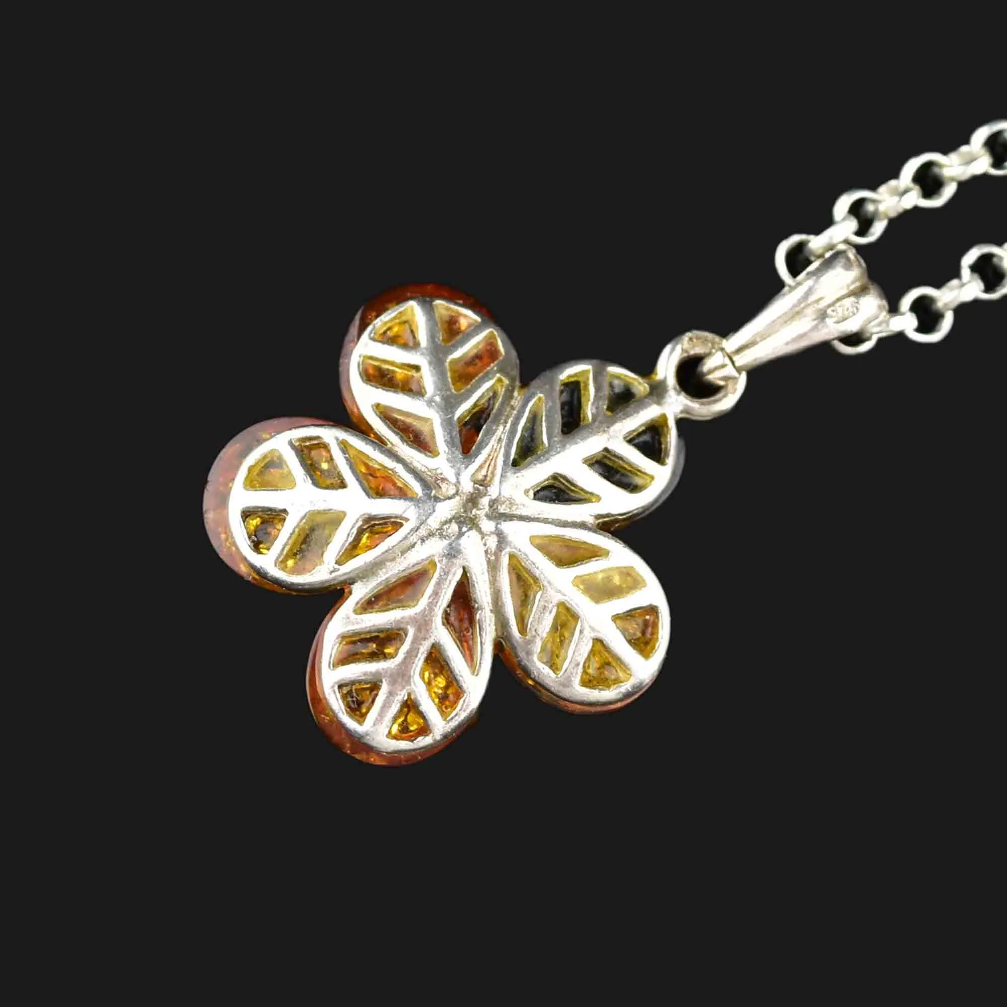 Vintage Silver Floral Amber Pendant Necklace