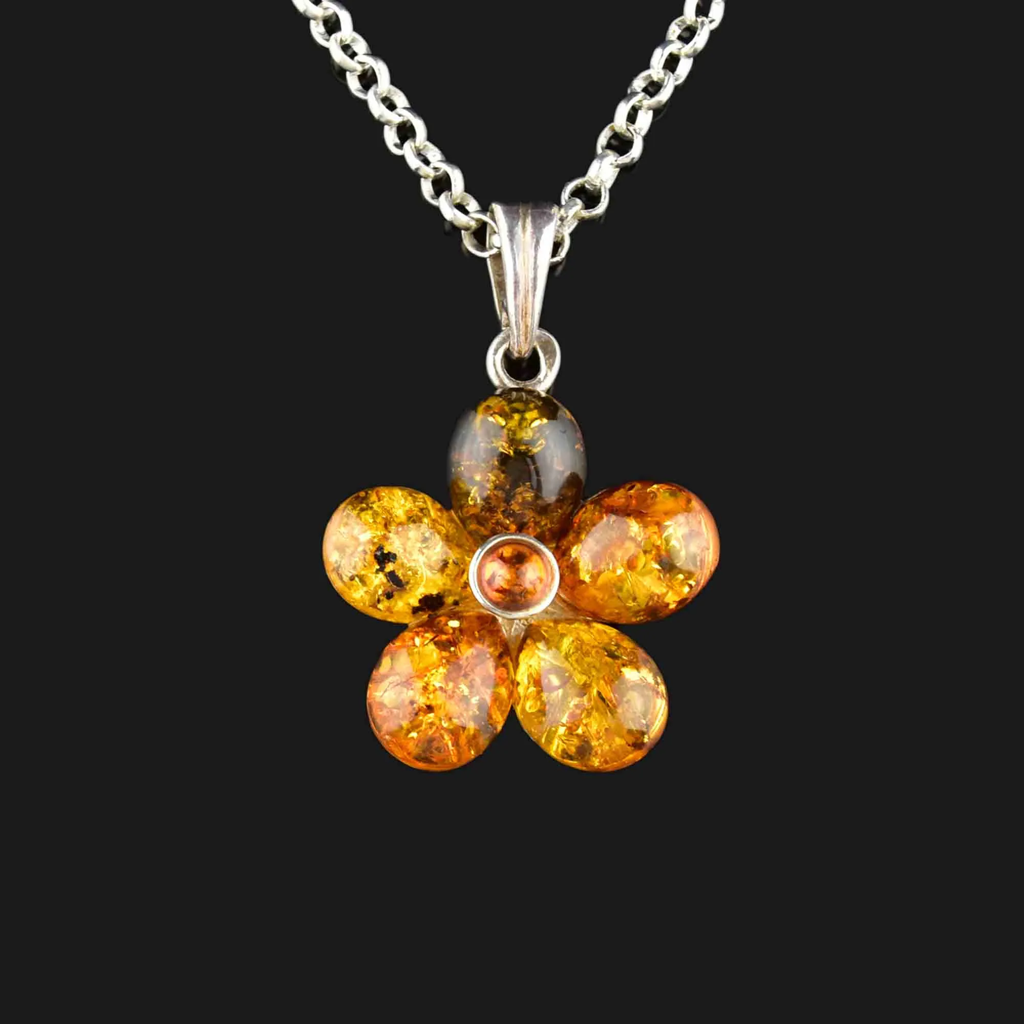 Vintage Silver Floral Amber Pendant Necklace