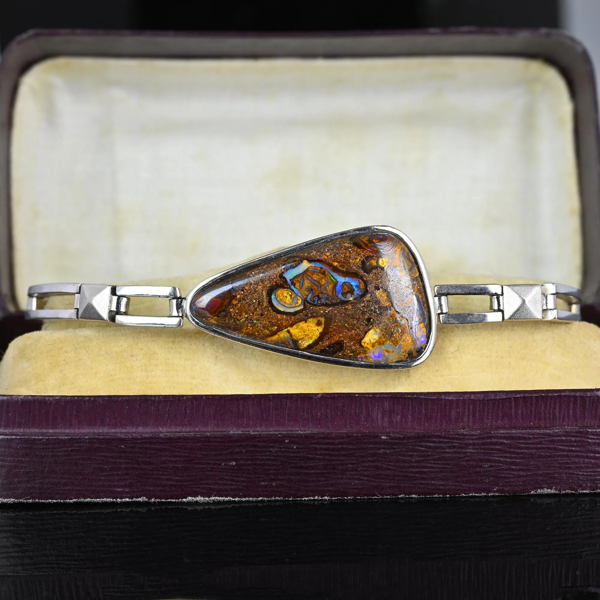 Vintage Silver Free Form Natural Boulder Opal Bracelet