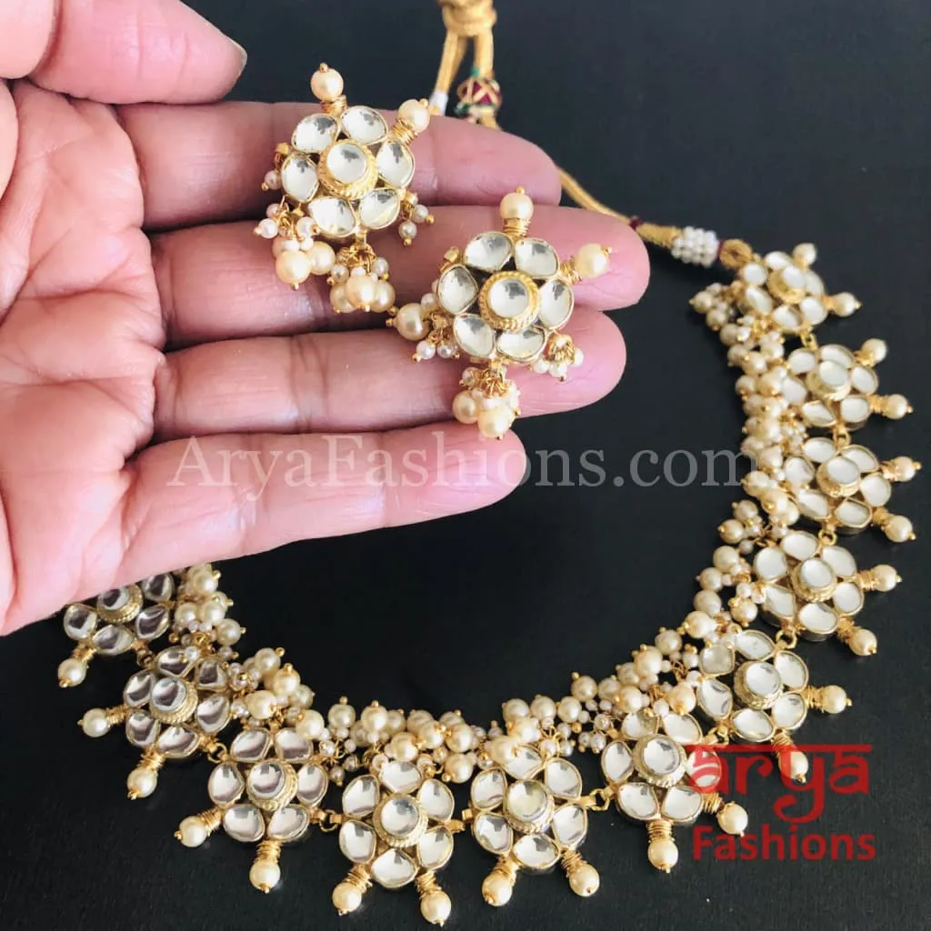 White Kundan Pearl Necklace with Earrings