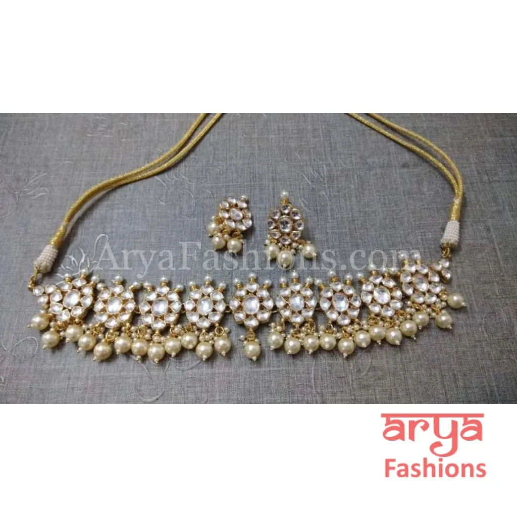 White Kundan Pearl Necklace with Earrings