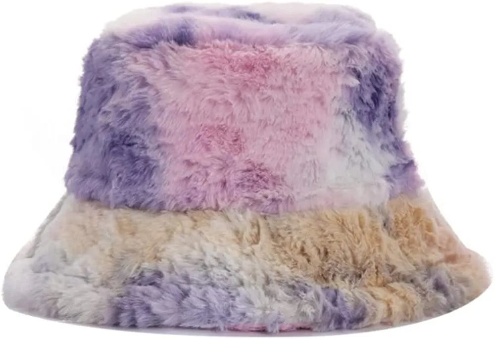 Winter Bucket Hat Rainbow Tie-dye Plush Fisherman Hat