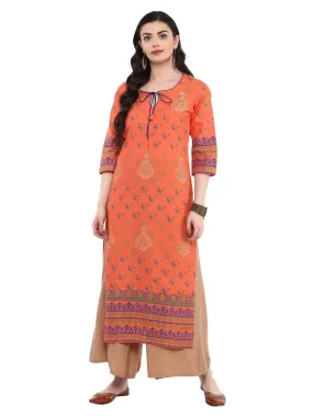 Women Coral Pink Ajrakh Hand Block Cotton Printed Straight Kurta -Bhor