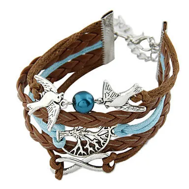 Women's Multilayer Alloy Love Birds Tree and Infinity Handmade Leather Bracelet