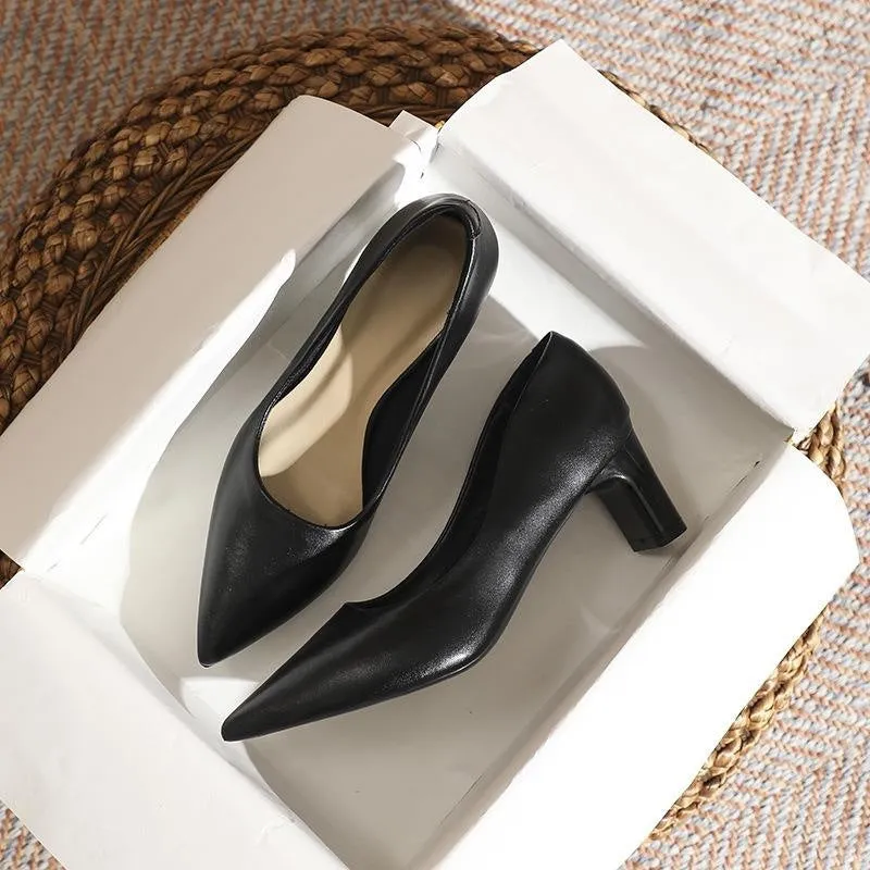 xiangtuibao Spring and Summer New  Style Temperament Pointed Toe Black High Heels Women Chunky Heel Minority All-Match Commuter Shoes Women