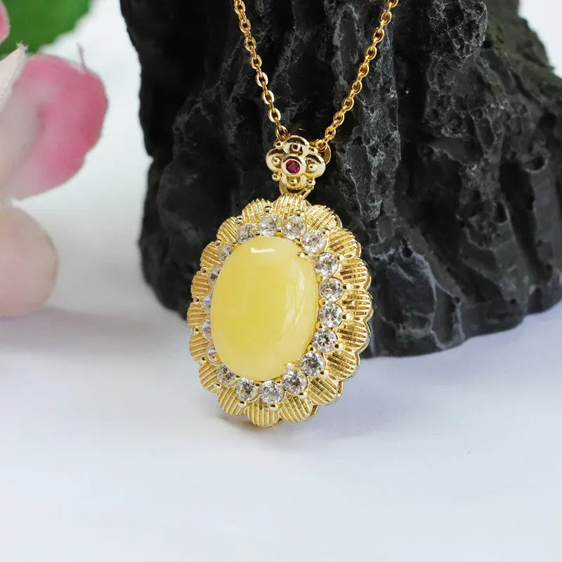 Yellow Amber Beeswax Pendant with Zircon Flower Halo Necklace Jewelry