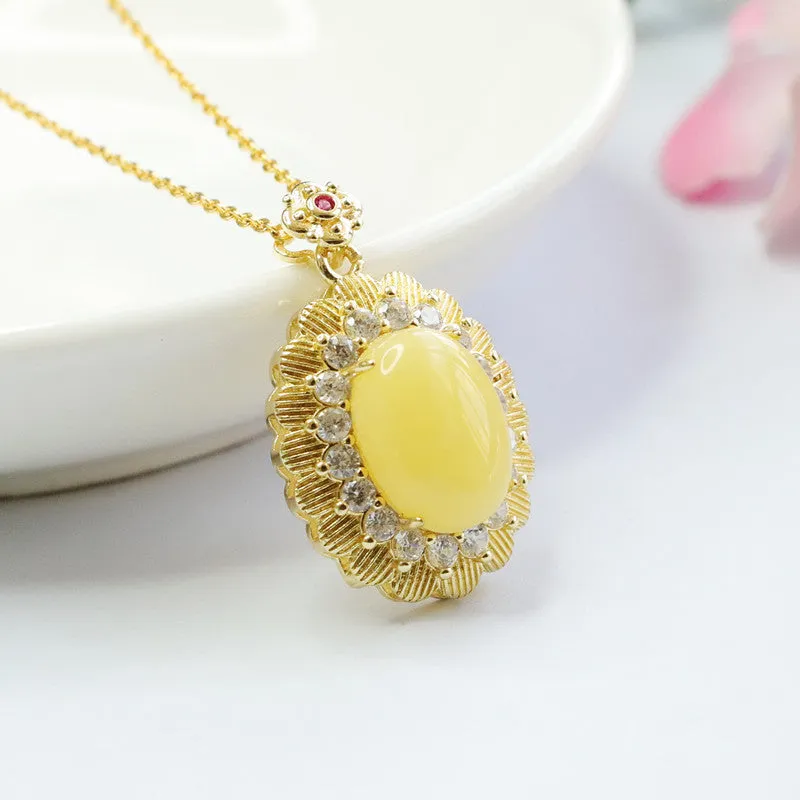 Yellow Amber Beeswax Pendant with Zircon Flower Halo Necklace Jewelry