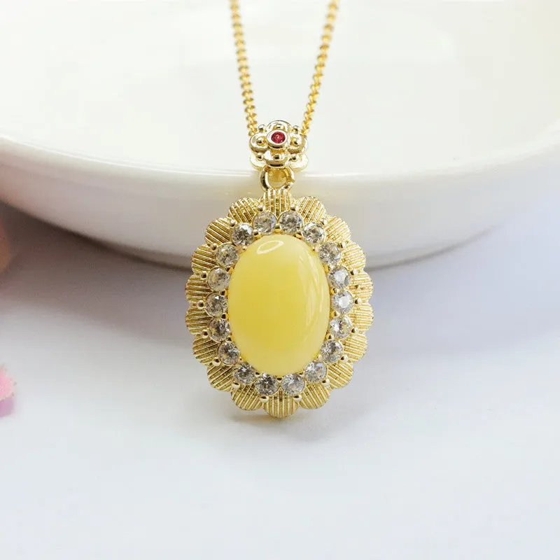 Yellow Amber Beeswax Pendant with Zircon Flower Halo Necklace Jewelry