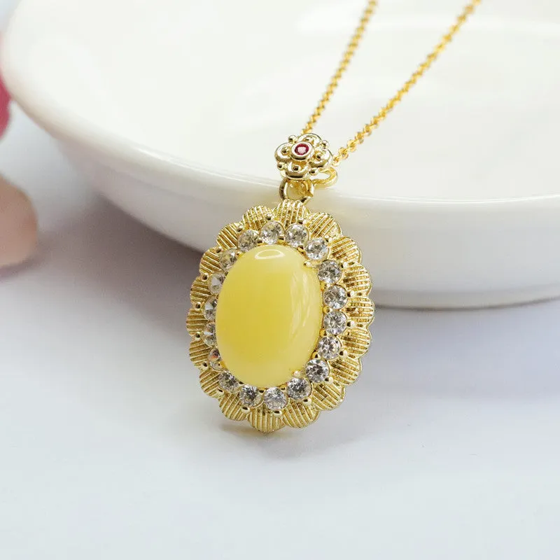 Yellow Amber Beeswax Pendant with Zircon Flower Halo Necklace Jewelry