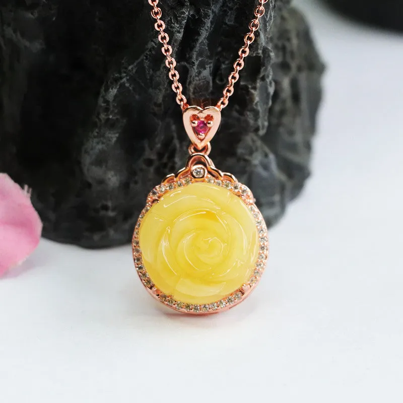 Zircon Halo Rose Gold Necklace with Natural Honey Wax Amber Pendant