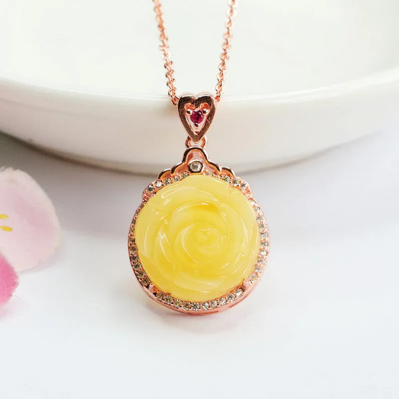 Zircon Halo Rose Gold Necklace with Natural Honey Wax Amber Pendant